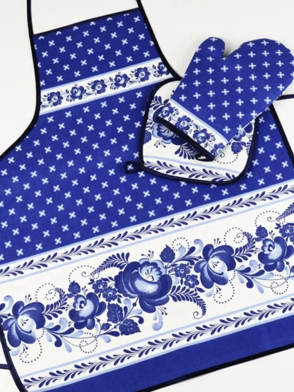 Russian 3pc Textile set Apron Mitt and an Potholder Blue Gzhel Floral Design